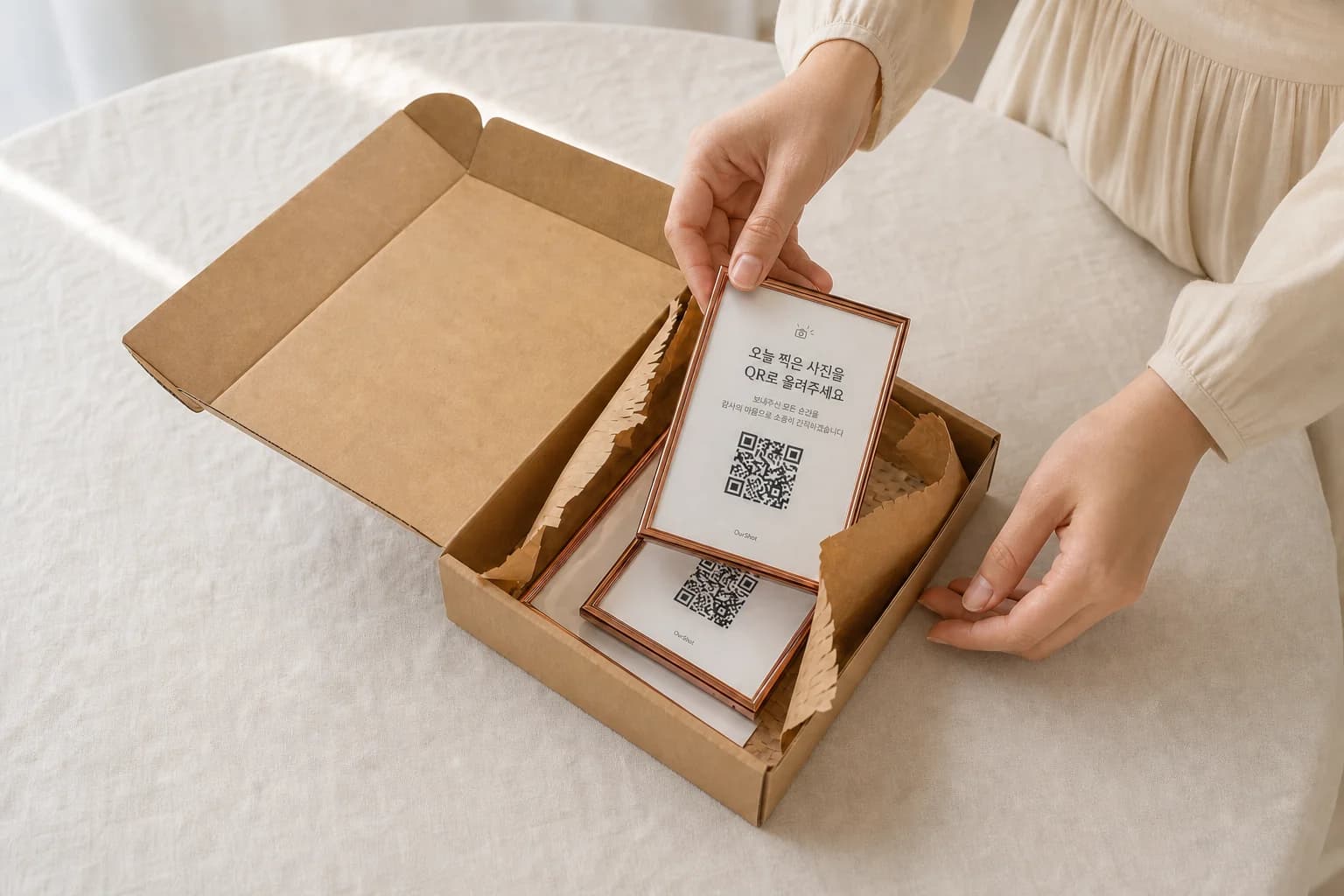 포장에서 조립이 완료된 웨딩 QR 액자를 꺼내는 모습