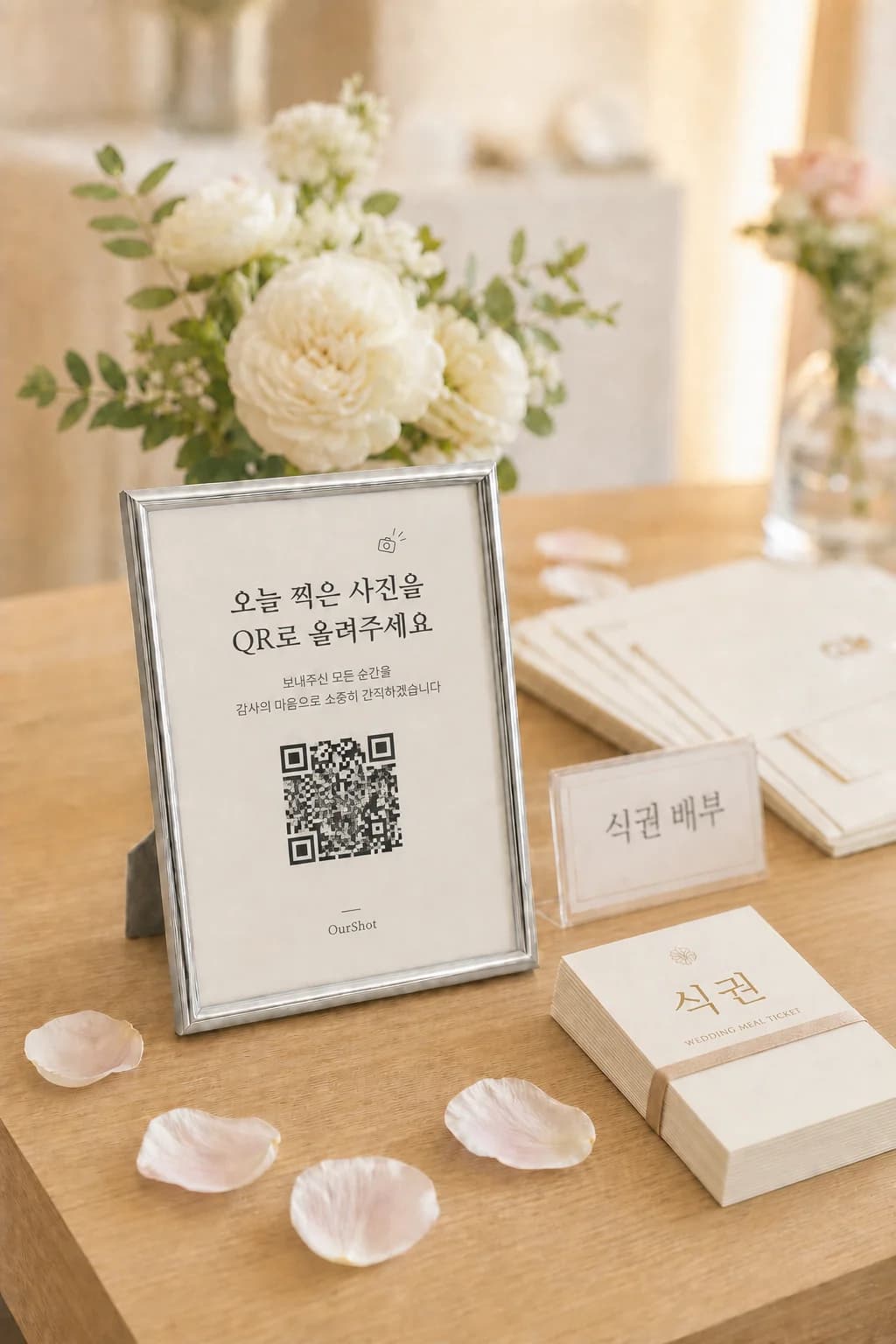 웨딩 식권 배부대에 놓인 실버 아워샷 소형 QR 액자